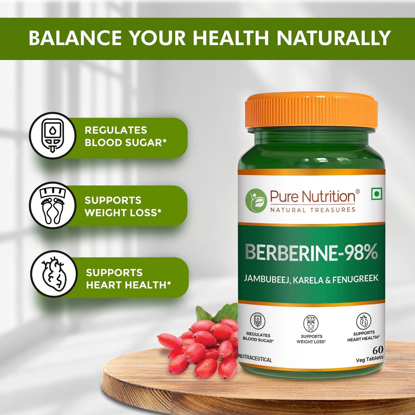 Berberine 98% - 60 Vegetarian Tablets | Herbal Supplement with Natural Extracts for Daily Wellness