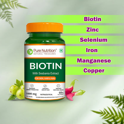 Biotin 1000mg with Sesbania Extract | Biotin, Iron, Zinc & Botanical Blend | Hair, Skin & Nail Support