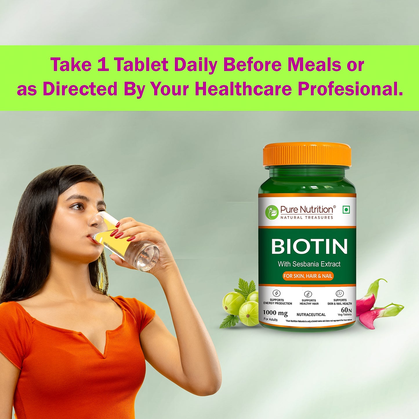 Biotin 1000mg with Sesbania Extract | Biotin, Iron, Zinc & Botanical Blend | Hair, Skin & Nail Support