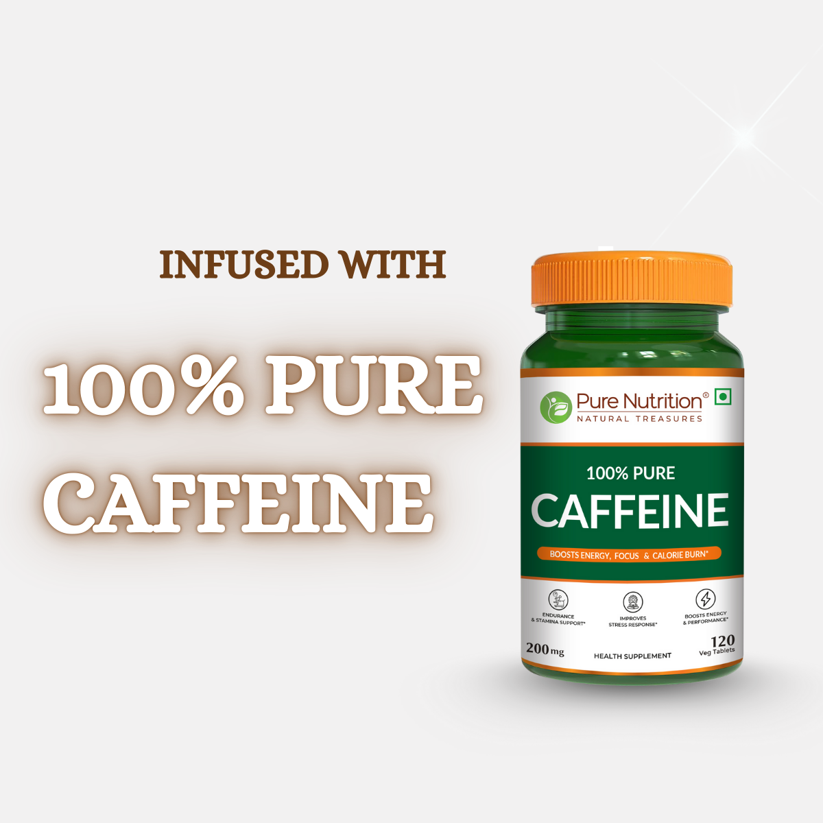 Pure Nutrition 100% Pure Caffeine – 200mg | Energy, Focus & Stamina Support | 120 Veg Tablets