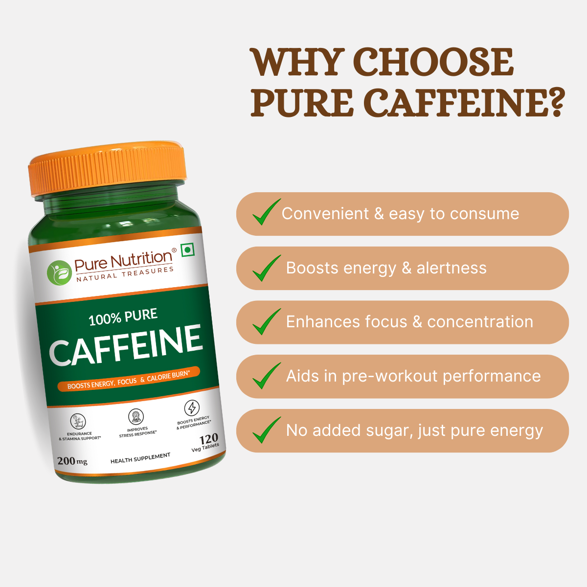Pure Nutrition 100% Pure Caffeine – 200mg | Energy, Focus & Stamina Support | 120 Veg Tablets
