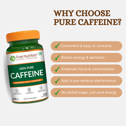 Pure Nutrition 100% Pure Caffeine – 200mg | Energy, Focus & Stamina Support | 120 Veg Tablets