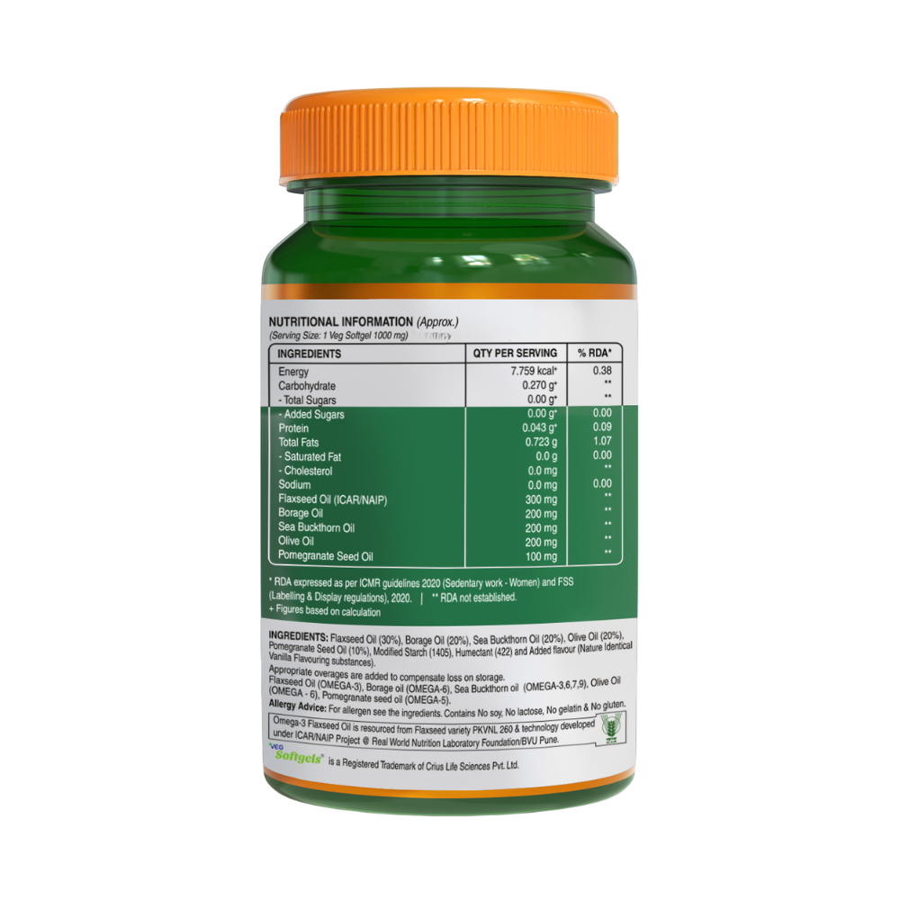 Omega 3-5-6-7-9 (1000mg) with Seabuckthorn Oil & Flaxseed Oil - 30 Veg Softgels