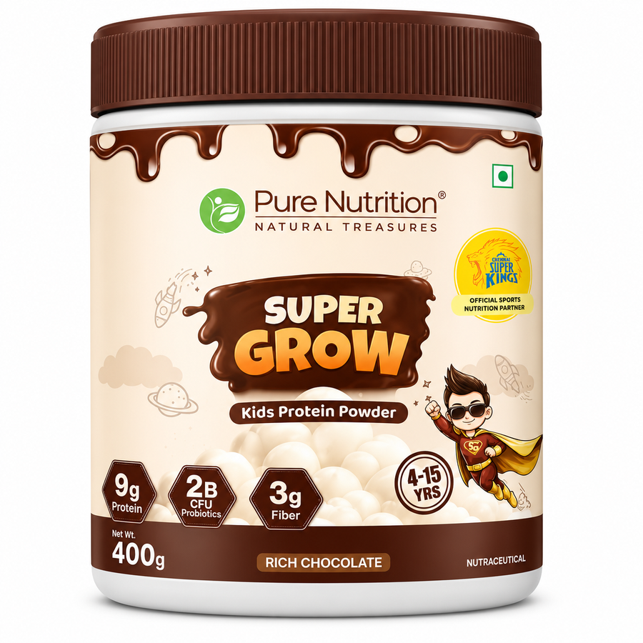 Pure Nutrition Super Grow Kids Protein Powder, chocolate flavour, 400g pack with vitamins, minerals and probiotics