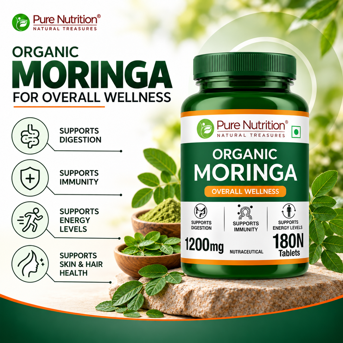 Organic Moringa Tablets 1200mg | Supports Immunity, Digestion & Energy