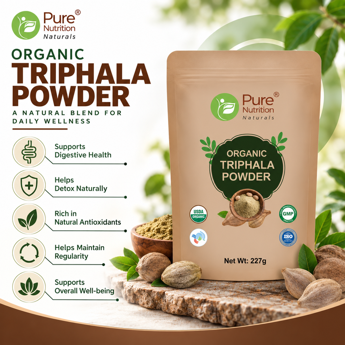 Organic Triphala Powder - 227g | 100% Pure and Natural | Supports Digestion, Detoxification, and Overall Wellness