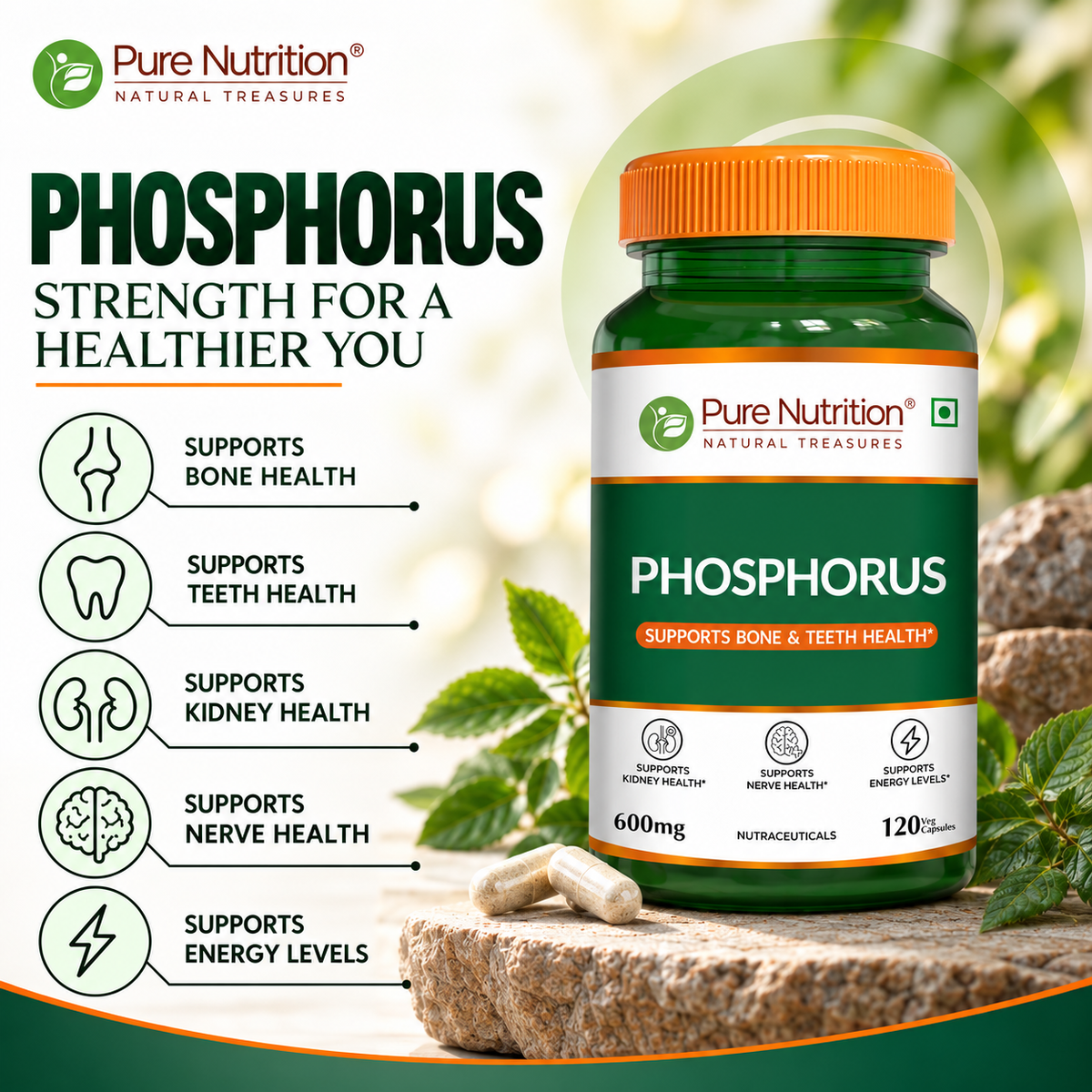 Phosphorus 600mg Veg Capsules  Bone, Energy Metabolism & Wellness | 120 Capsules