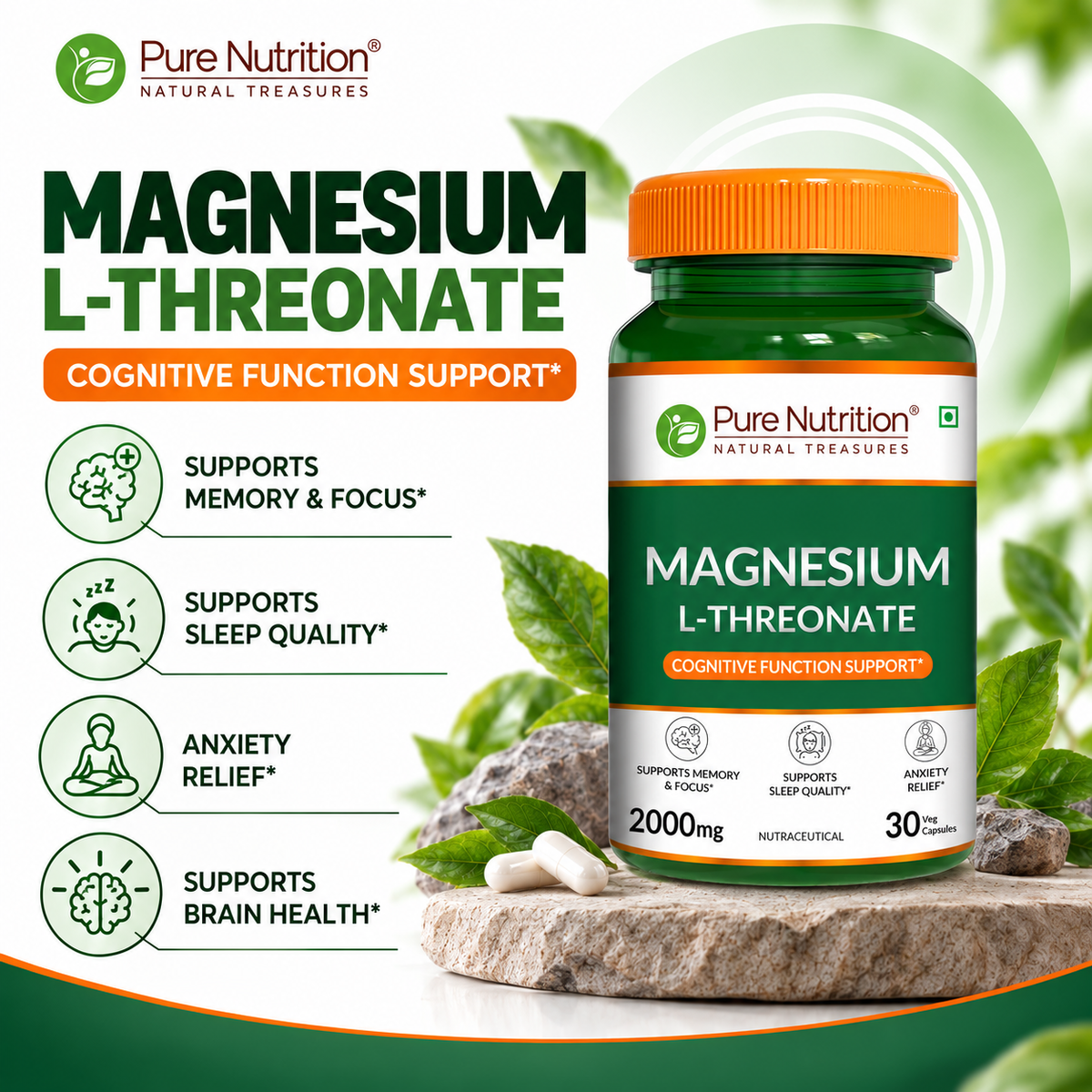 Magnesium L-Threonate  Brain, Memory & Focus Support | 30 Veg Capsules