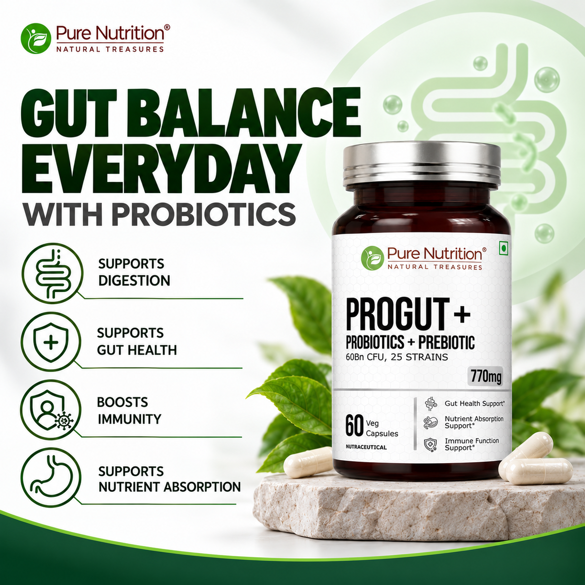 PROGUT+ Probiotics 60 Billion CFU + Prebiotic Gut & Immune Health