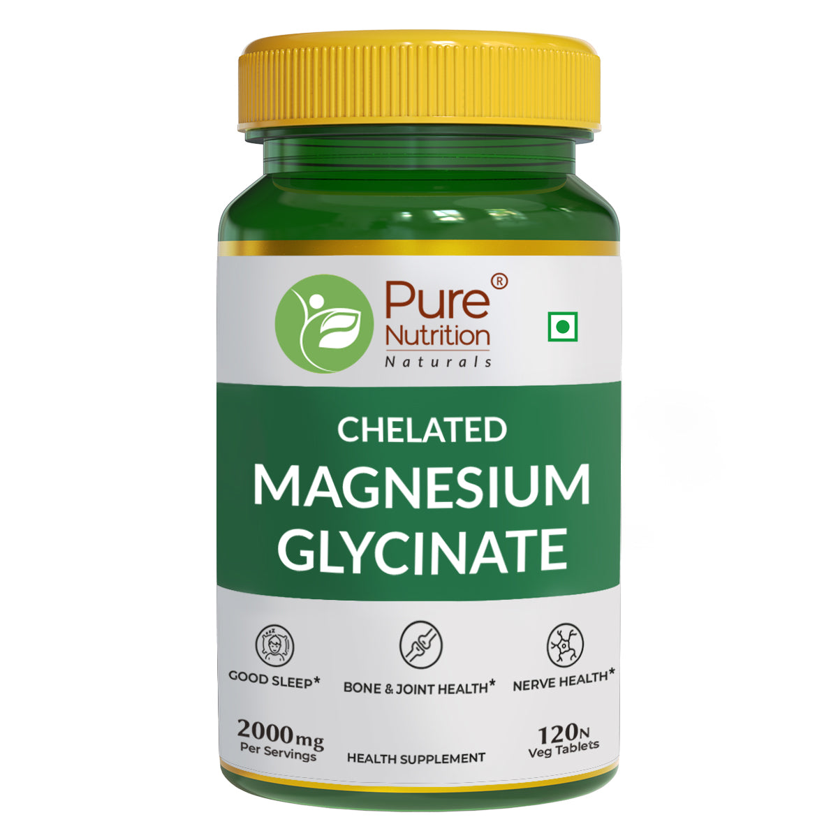 Chelated Magnesium Glycinate , 120 Veg Tablets | For Bone, Muscle & Nerve Health l Better Relaxation & Sleep Quality | Helps Ease Period Cramps | Supports Stress Relief & Heart Health