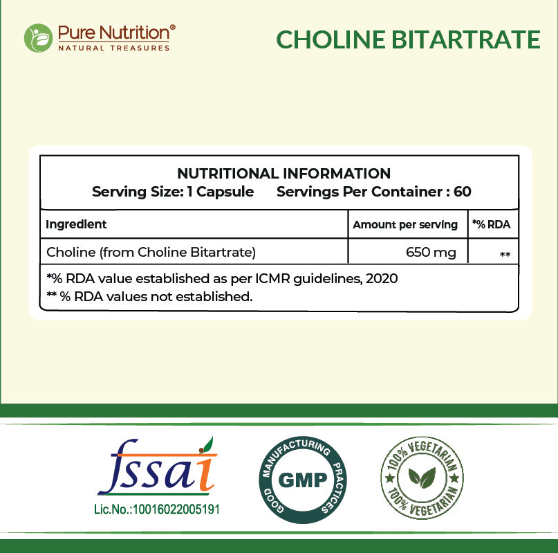 Pure Nutrition Choline Bitartrate 650mg | 60 Veg Capsules | Brain & Nerve Support
