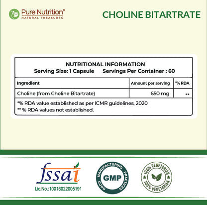 Pure Nutrition Choline Bitartrate 650mg | 60 Veg Capsules | Brain & Nerve Support