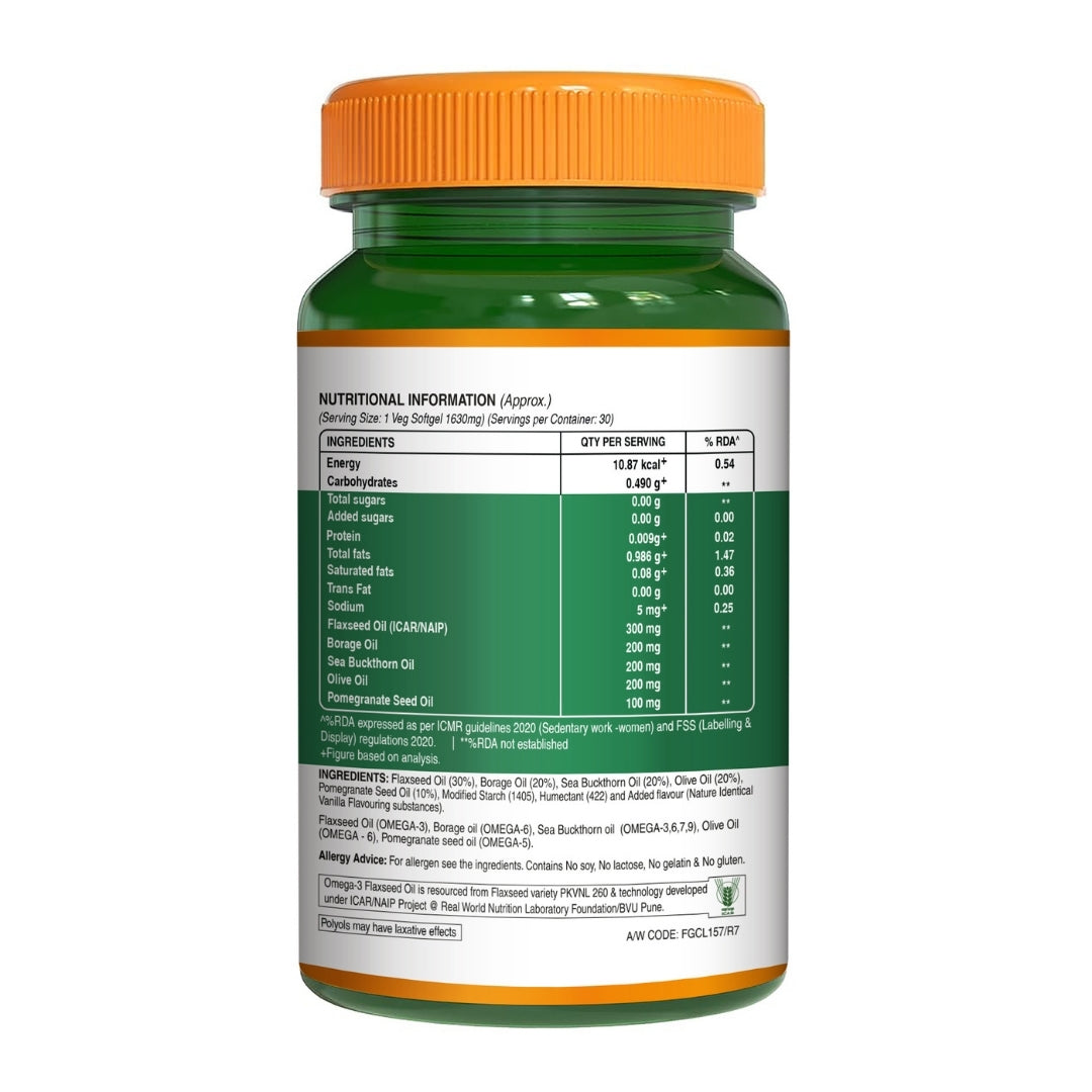 Vegan Omega 3 5 6 7 9 | Plant-Based Essential Fatty Acid Blend | Flaxseed, Borage, Sea Buckthorn, Olive & Pomegranate Oils