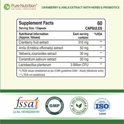 Cranberry and Amla Extract with Herbs and Probiotics - 60 Capsules | Supports UTI Prevention and Promotes Antioxidant Health