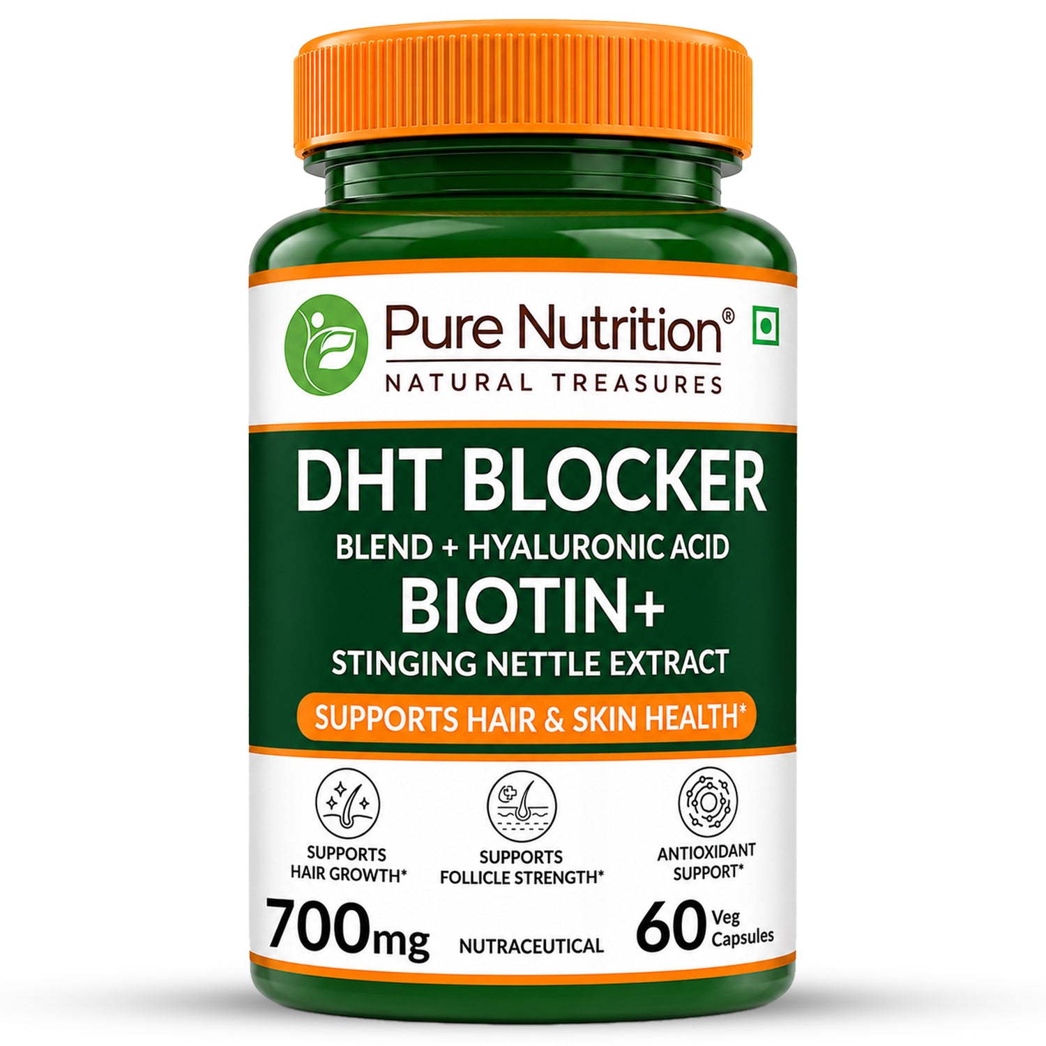 DHT Blocker with Biotin, Hyaluronic Acid & Stinging Nettle Extract | Hair & Scalp Support | 700 mg | 60 Veg Capsules