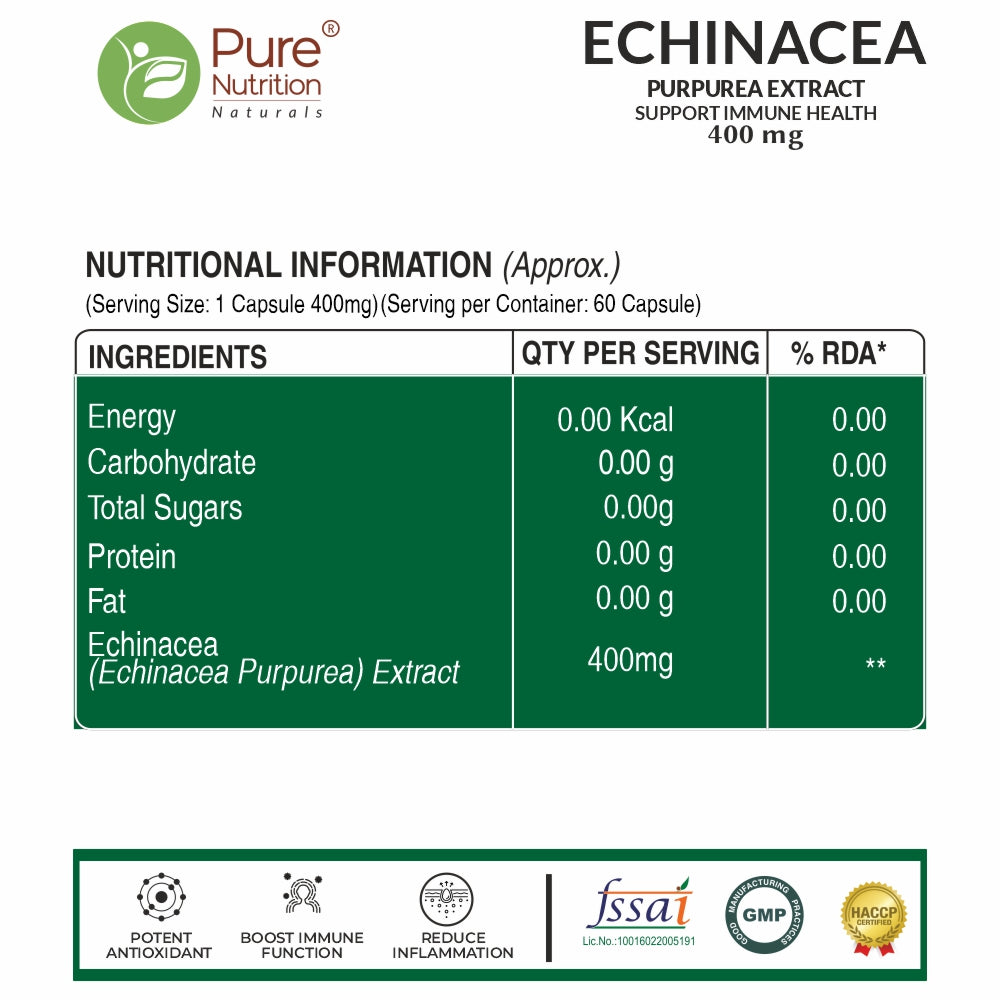 Pure Nutrition Echinacea Capsules - 60 Caps | Antioxidant, Immune Booster, Anti-Inflammatory