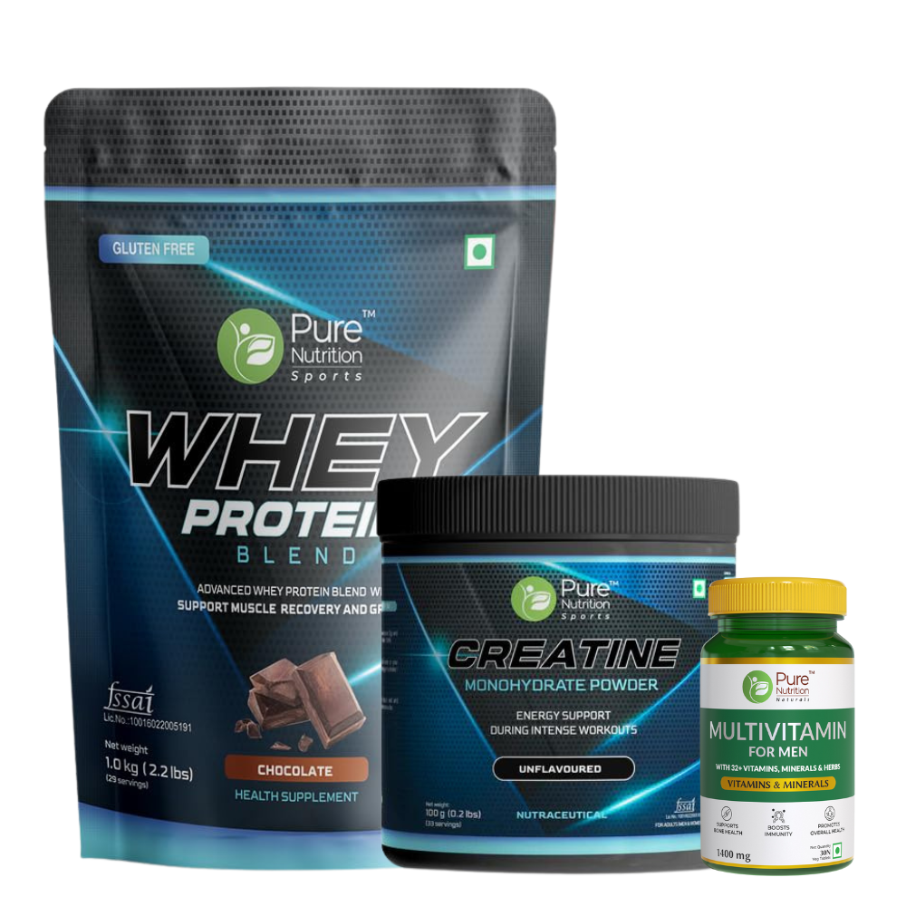 Pure Nutrition Ultimate Performance Pack: Whey Protein (Chocolate) 1Kg, Creatine Monohydrate 100g (Unflavoured) & Men's Multivitamins (30 Veg Tablets) - Boost Muscle Growth, Strength & Overall Wellness