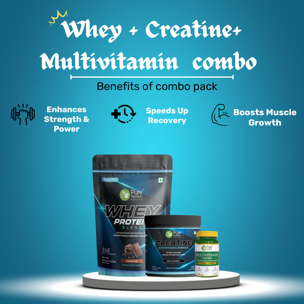 Pure Nutrition Ultimate Performance Pack: Whey Protein (Chocolate) 1Kg, Creatine Monohydrate 100g (Unflavoured) & Men's Multivitamins (30 Veg Tablets) - Boost Muscle Growth, Strength & Overall Wellness