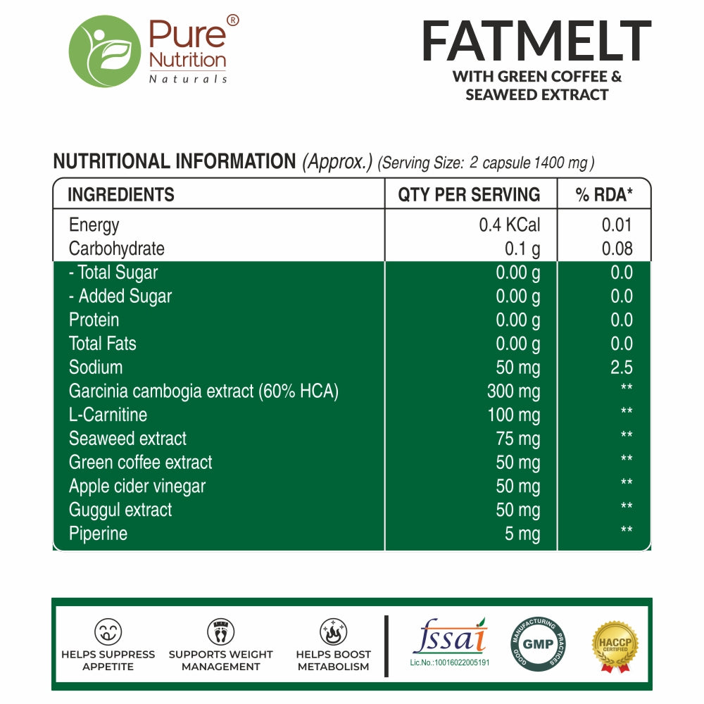 Pure Nutrition FATMELT with Garcinia Cambogia, L-Carnitine & Apple Cider Vinegar - 60 Veg Capsules