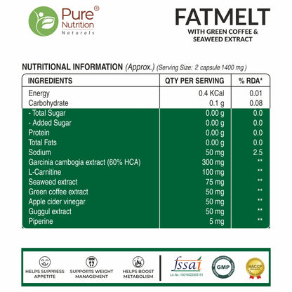 Pure Nutrition FATMELT with Garcinia Cambogia, L-Carnitine & Apple Cider Vinegar - 60 Veg Capsules