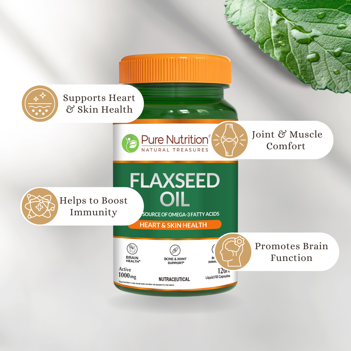 Flaxseed Oil Capsules | 1000mg | Rich in Omega-3 Fatty Acids | Supports Heart, Skin & Brain Health | 120 Liquid-Filled Capsules