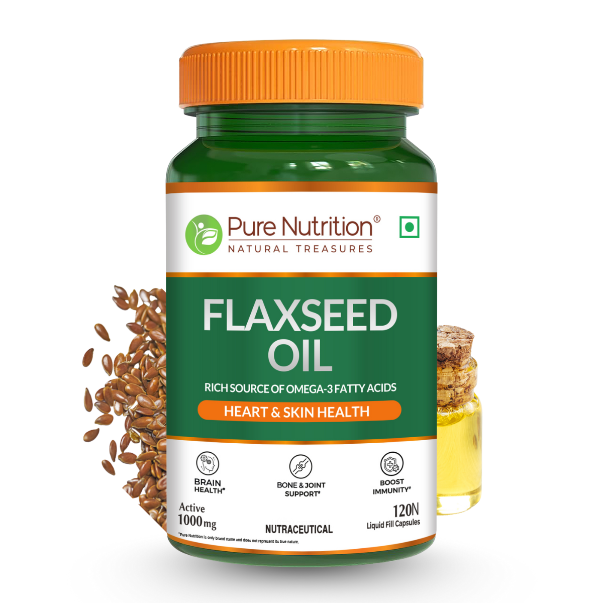 Flaxseed Oil Capsules | 1000mg | Rich in Omega-3 Fatty Acids | Supports Heart, Skin & Brain Health | 120 Liquid-Filled Capsules