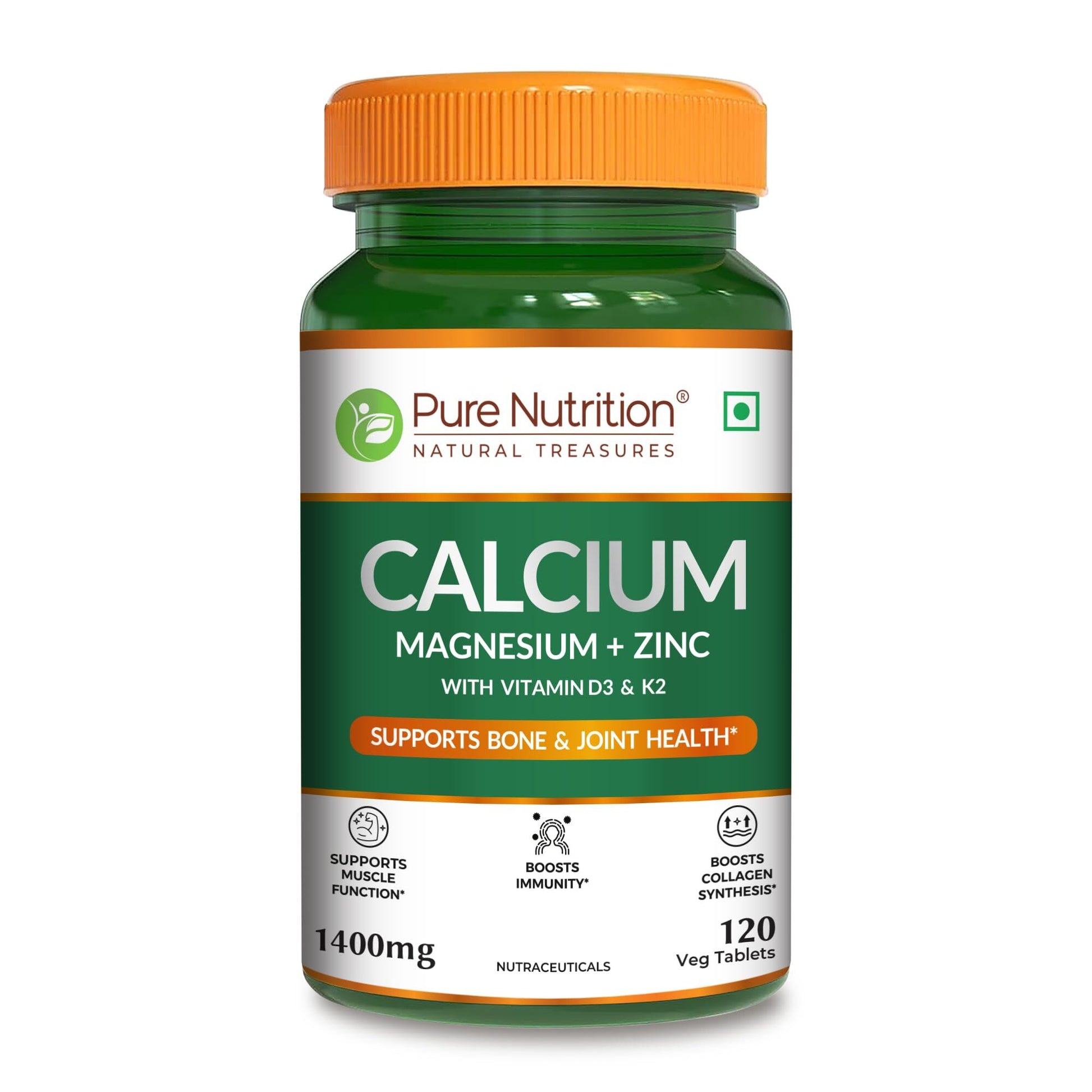 Front view of Pure Nutrition Calcium Magnesium Zinc with Vitamin D3 and K2 in a 120-tablet pack for long-term daily bone and joint health support.

