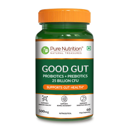 Pure Nutrition Good Gut capsules, which contains 60 vegetable capsules formulated with probiotics and prebiotics to support gut health.