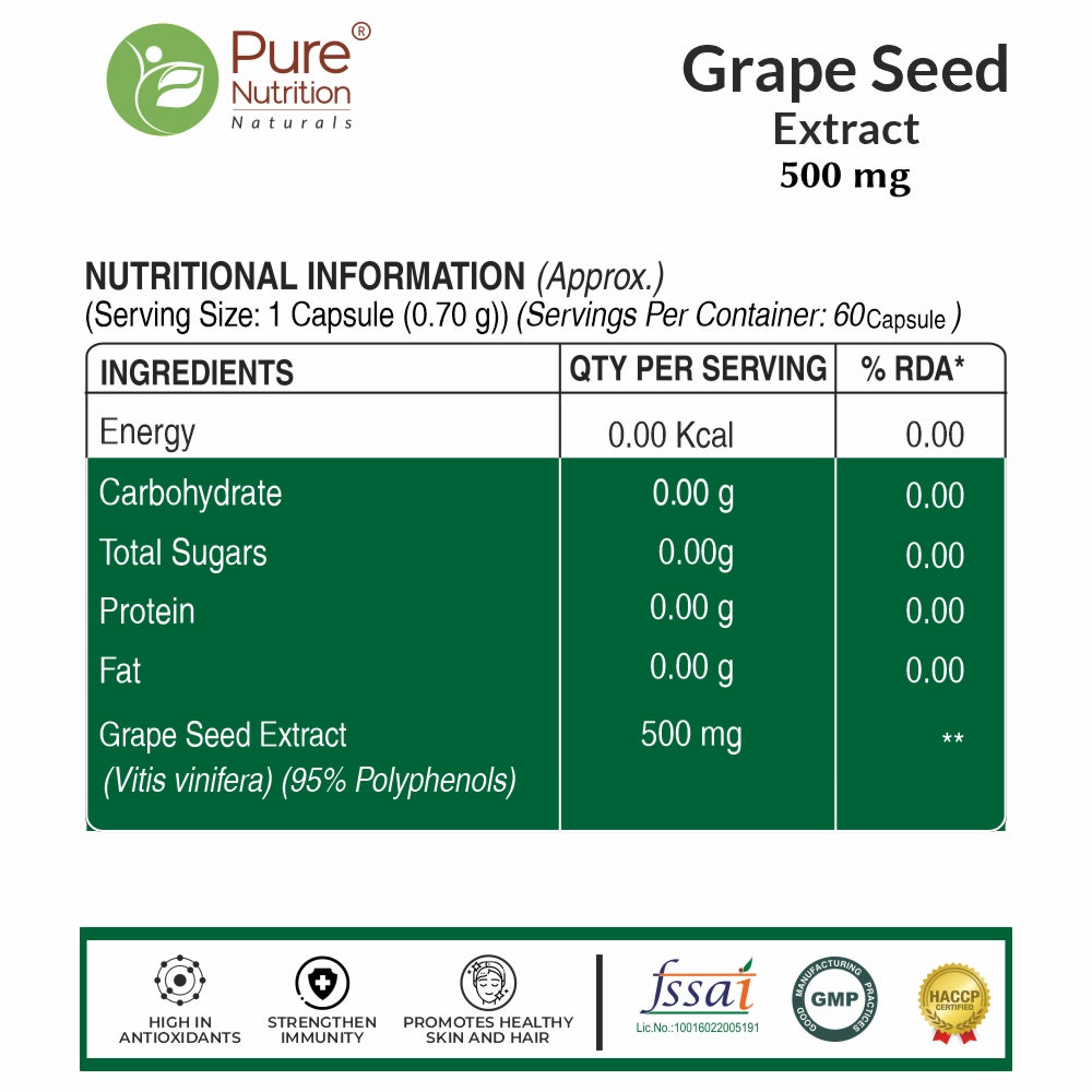 Pure Nutrition Grape Seed Extract - 60 Tablets | High Antioxidants, Immune Support, Skin & Hair Health