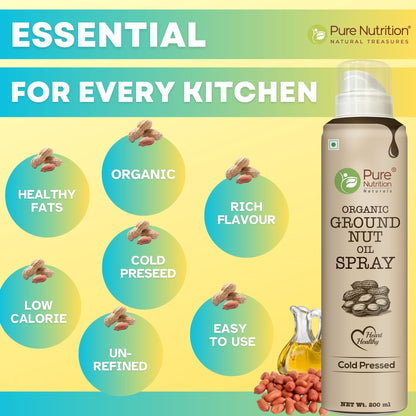 Pure Nutrition Organic Groundnut Oil Spray - 200ml | 100% Pure & Cold-Pressed | Cook Healthy with 10X Less Oil | Naturally Rich in Antioxidants | Supports Heart Health | Ideal for Grilling, Sautéing & Low-Calorie Cooking