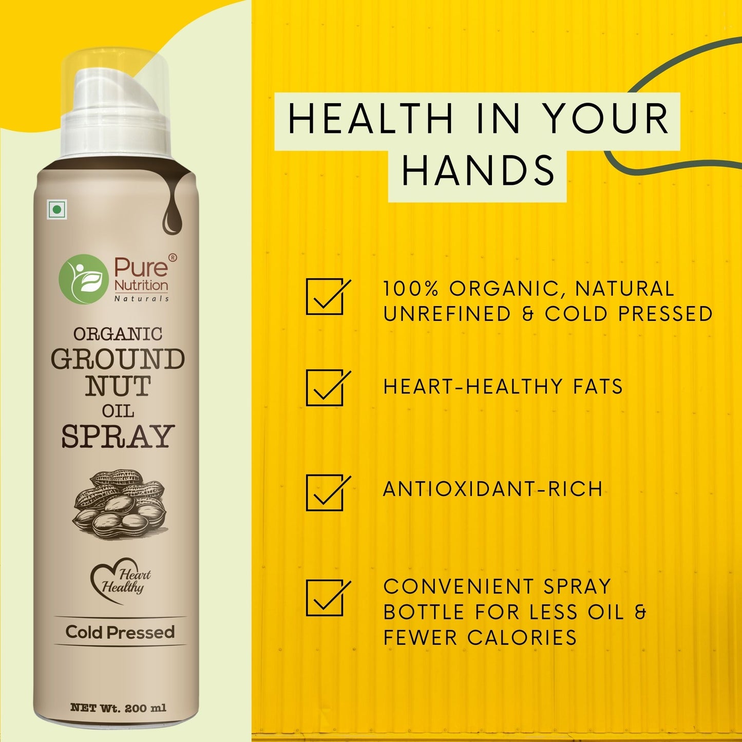 Pure Nutrition Organic Groundnut Oil Spray - 200ml | 100% Pure & Cold-Pressed | Cook Healthy with 10X Less Oil | Naturally Rich in Antioxidants | Supports Heart Health | Ideal for Grilling, Sautéing & Low-Calorie Cooking