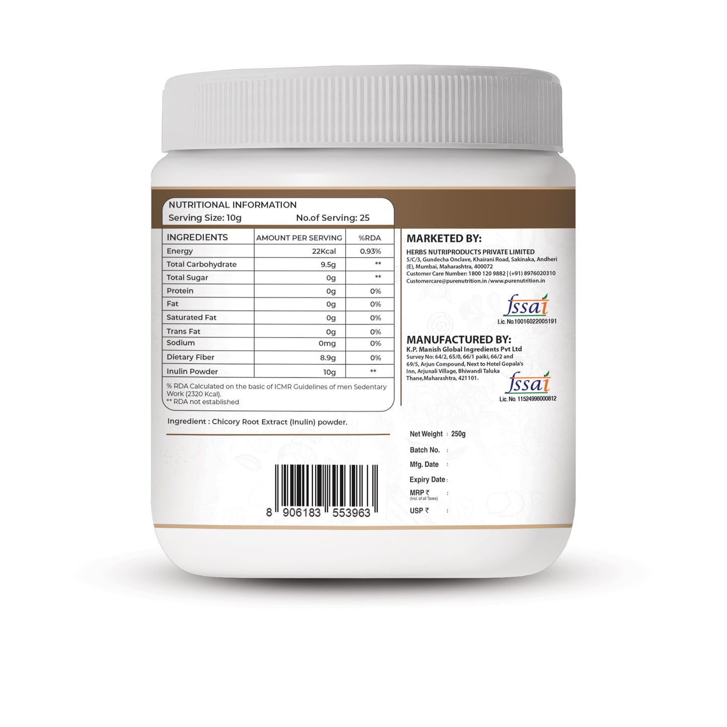 Pure Nutrition Inulin Powder – Prebiotic Fiber – 250g