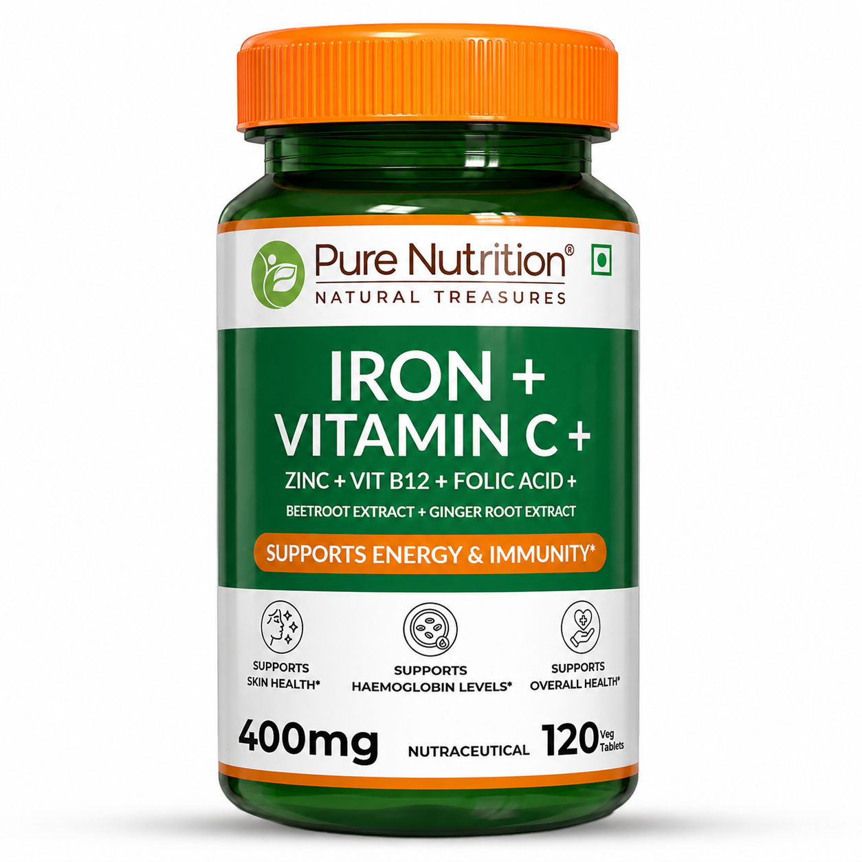 Iron + Vitamin C Tablets 120 | With Zinc, Vitamin B12, Folic Acid, Beetroot & Ginger