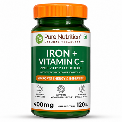 Iron + Vitamin C Tablets 120 | With Zinc, Vitamin B12, Folic Acid, Beetroot & Ginger