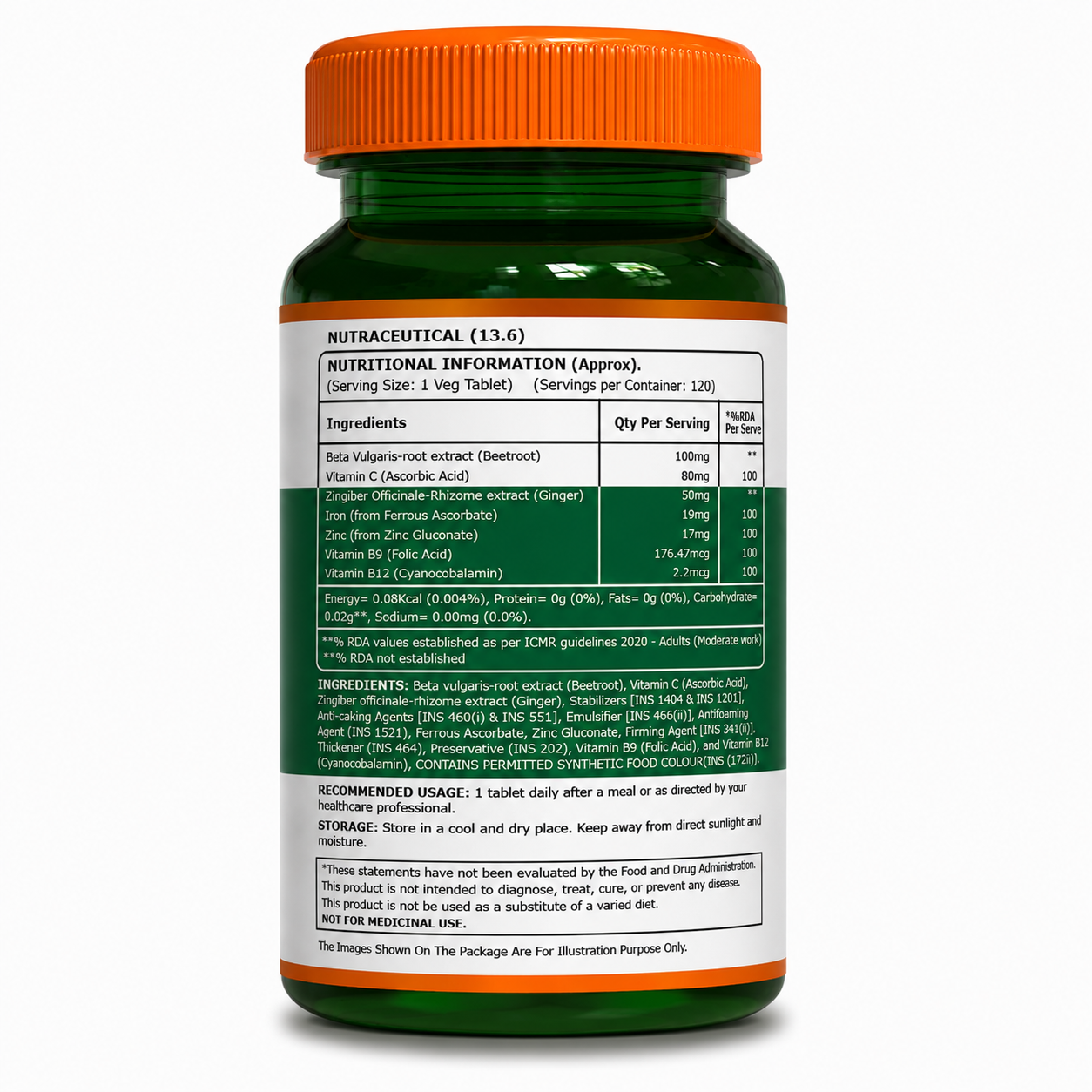 Iron + Vitamin C Tablets 120 | With Zinc, Vitamin B12, Folic Acid, Beetroot & Ginger