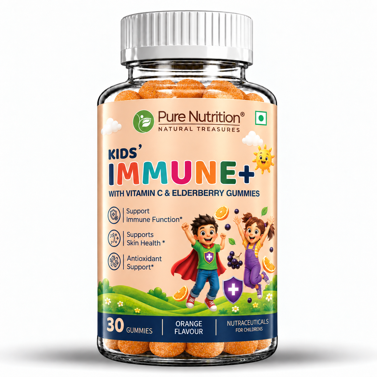 Kids’ Immune+ Gummies with Vitamin C, Elderberry, Zinc, NAC & Quercetin | Orange Flavour | 30 Gummies