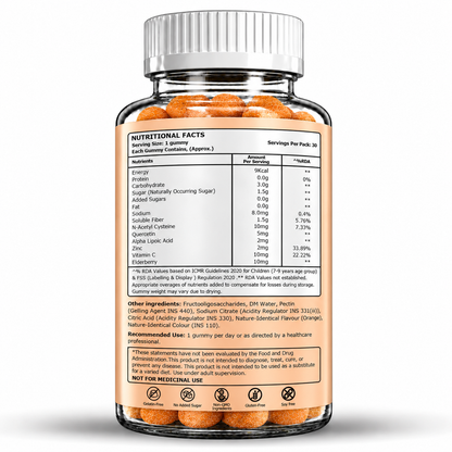 Kids’ Immune+ Gummies with Vitamin C, Elderberry, Zinc, NAC & Quercetin | Orange Flavour | 30 Gummies