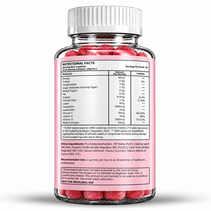 Kids’ Eye Care+ Gummies with Lutein, Zeaxanthin, Astaxanthin, Vitamin A & Bilberry | Lychee Flavour | 30 Gummies