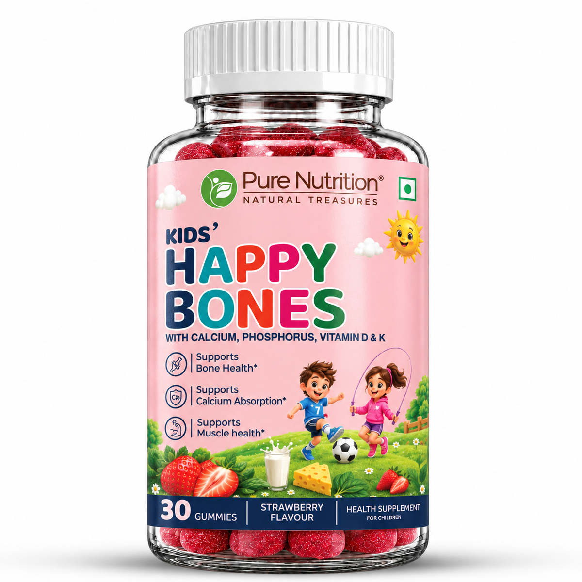 Kids’ Happy Bones Gummies with Calcium, Phosphorus, Vitamin D & K | Strawberry Flavour | 30 Gummies