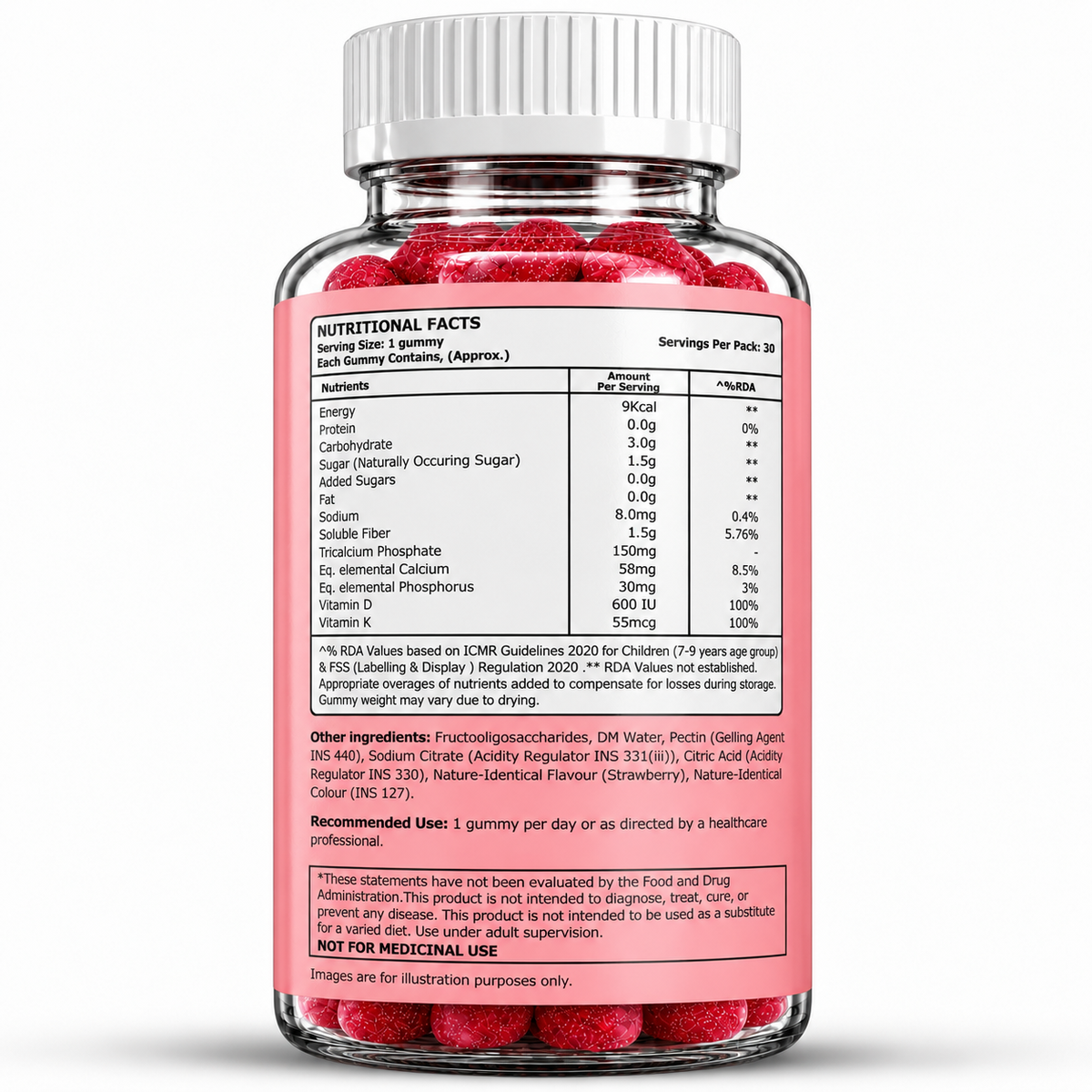 Kids’ Happy Bones Gummies with Calcium, Phosphorus, Vitamin D & K | Strawberry Flavour | 30 Gummies