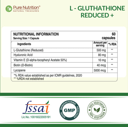 L-Glutathione Reduced+ with Hyaluronic Acid, Vitamin E & Biotin | Antioxidant & Skin Wellness Support
