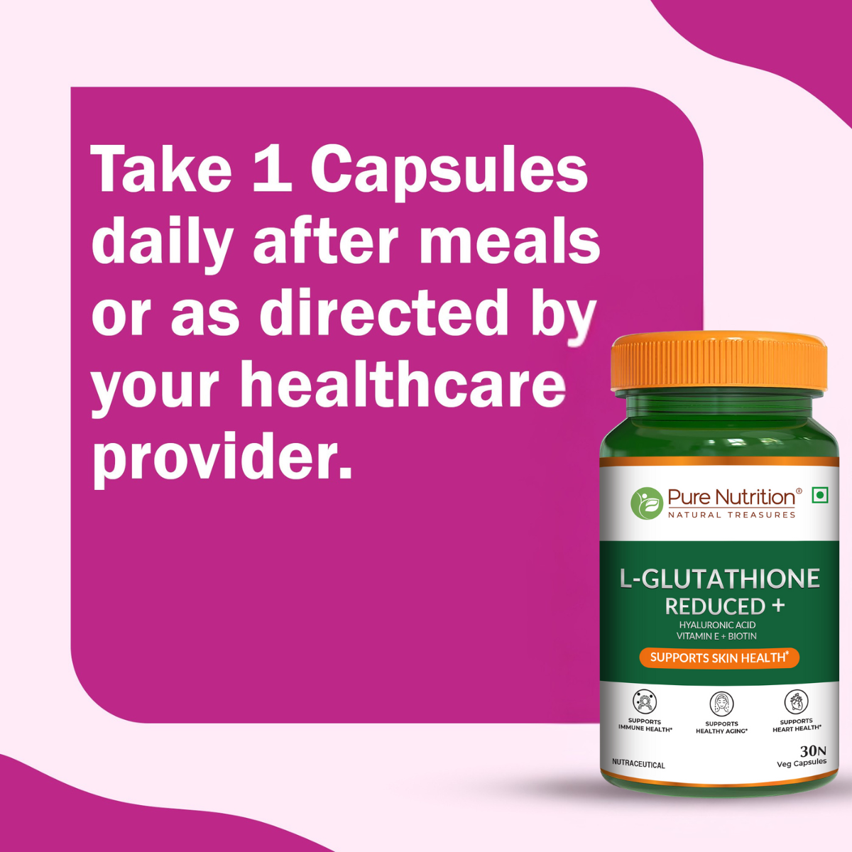 Pure Nutrition L-Glutathione Reduced+ with Hyaluronic Acid, Vitamin E, Biotin & Lycopene | Veg Capsules