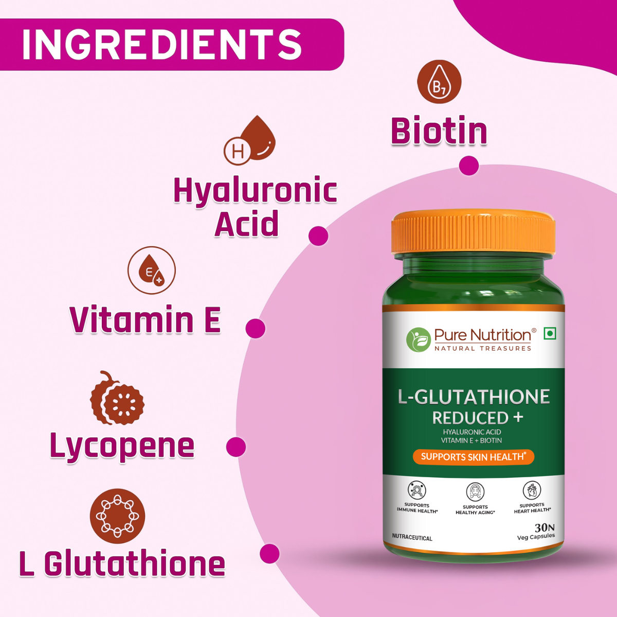 Pure Nutrition L-Glutathione Reduced+ with Hyaluronic Acid, Vitamin E, Biotin & Lycopene
