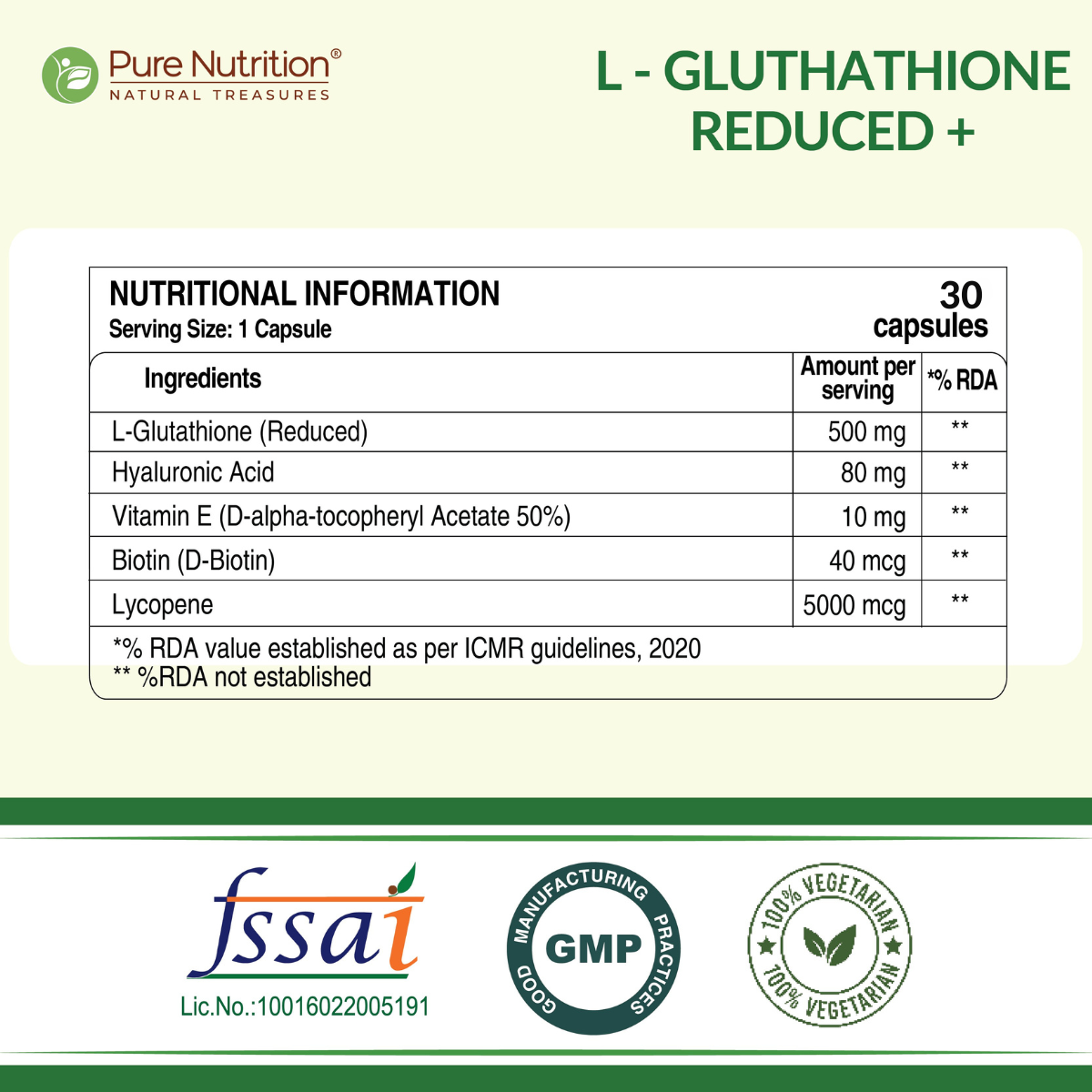 Pure Nutrition L-Glutathione Reduced+ with Hyaluronic Acid, Vitamin E, Biotin & Lycopene