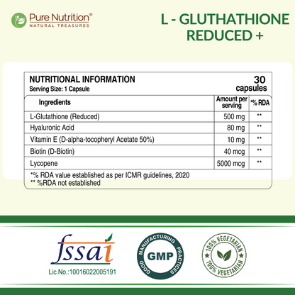 Pure Nutrition L-Glutathione Reduced+ with Hyaluronic Acid, Vitamin E, Biotin & Lycopene