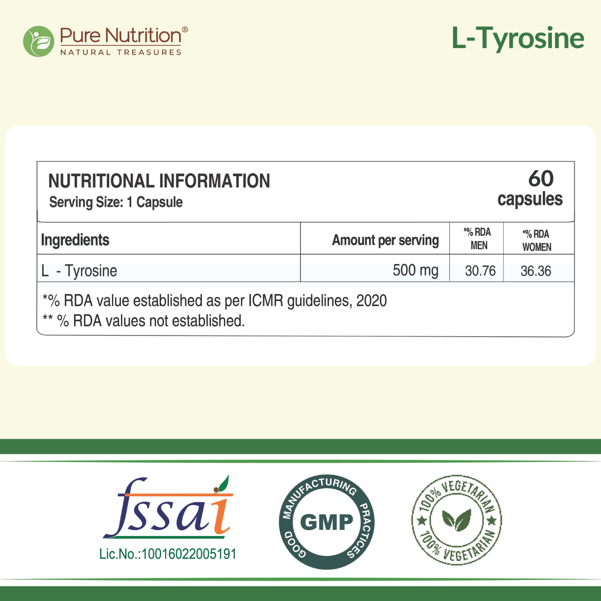 Pure Nutrition L-Tyrosine 500 mg Veg Capsules