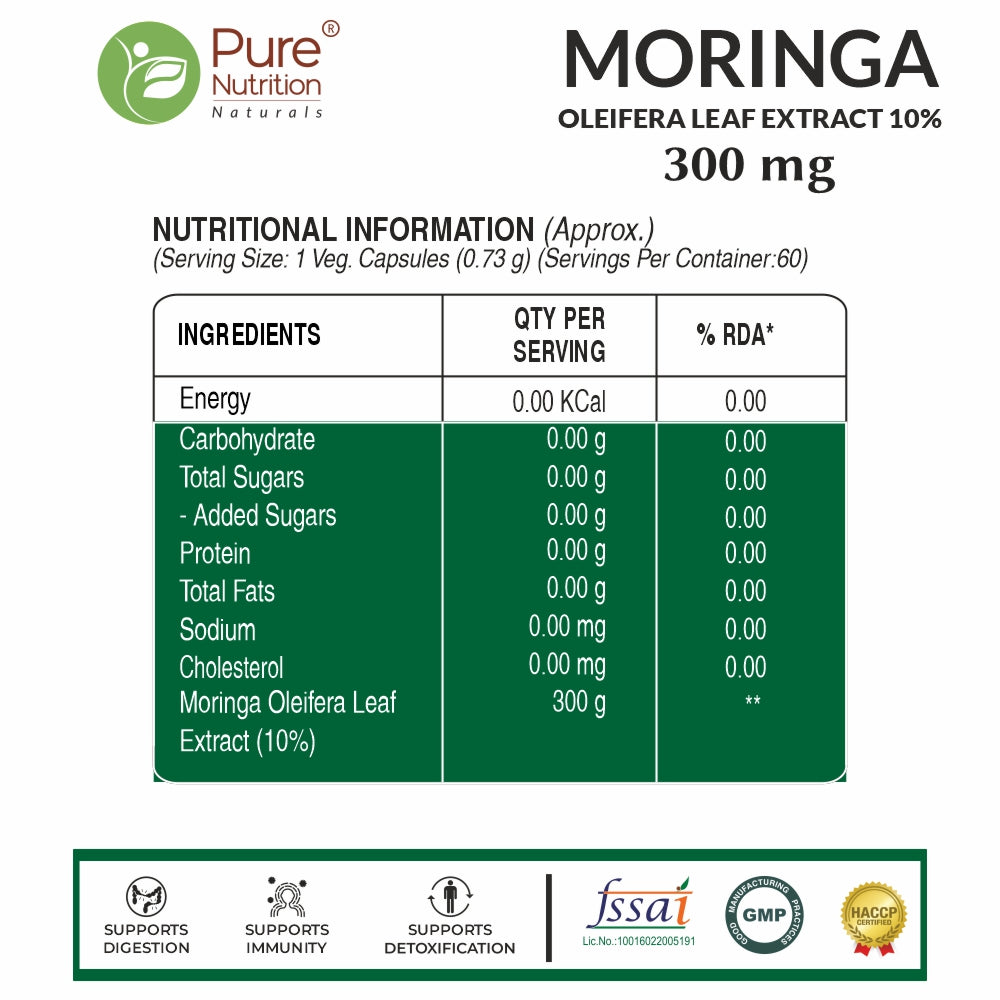 Pure Nutrition Moringa (300mg) 100% Natural for Immunity, Healthy Digestion & Appetite - 60 Veg Tablets