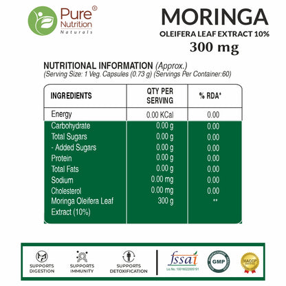 Pure Nutrition Moringa (300mg) 100% Natural for Immunity, Healthy Digestion & Appetite - 60 Veg Tablets