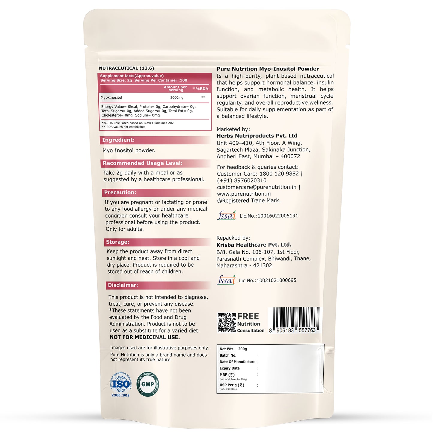 Myo-Inositol Powder 200g | 2000mg Per Serving | Single Ingredient