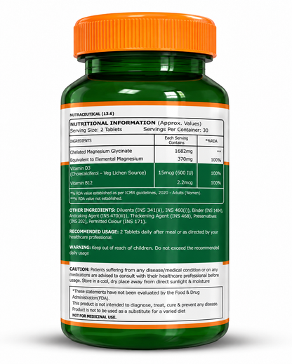 Women’s Magnesium Glycinate 60 Tablets | 370mg Elemental Magnesium + Vitamin D3 & B12